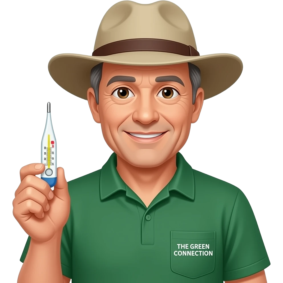 middle aged man in a green collared shirt with an australian wide brim akubra hat holding a medical thermometre indicating high, med or low RISK and the words 'THE GREEN CONNECTION' written in white on his top shirt pocket emoji