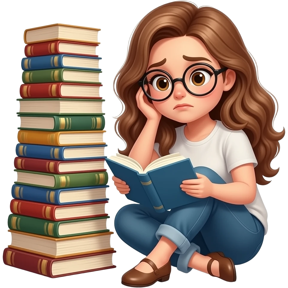 detailed emoji illustration of a curvy woman with long light brown wavy hair, light brown eyes and round glasses sitting next to a huge pile of unread books, overwhelmed reader vibe, cute emoji style emoji