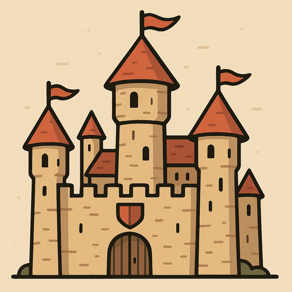Camelot castle icon for a map, flat design, clean lines, minimalistic, strong contrast emoji
