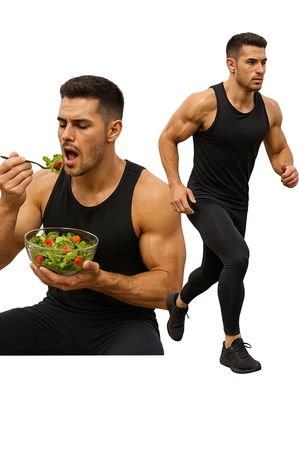uomo fitness che mangia insalata accanto a uomo identico esteticamente che corre, iperrealistici 4k emoji