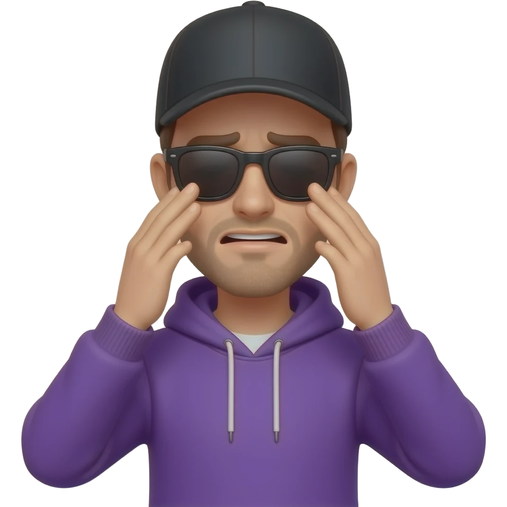 tall skinny guy with black basecap, purple hoodie, sunglasses facepalm withboth hands emoji