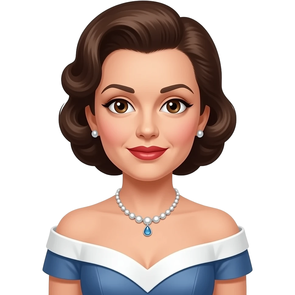 Judy Garland with brown eyes, dark brown hair, white and blue oscars off shoulder dress, necklace and earrings emoji