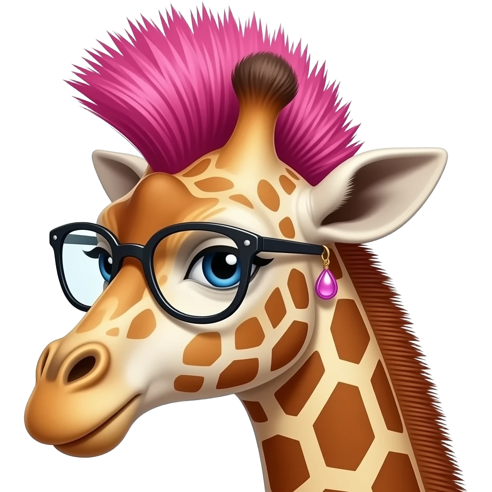 giraffe with pink very spiky mohawk hair and glassess and earrings, just face emoji