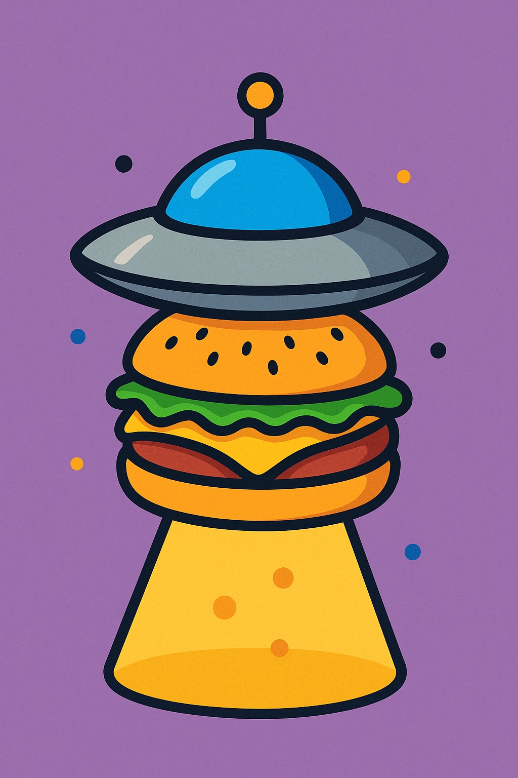 burger with metallic UFO rim and antenna, hovering with a beam of light, cute friendly style emoji