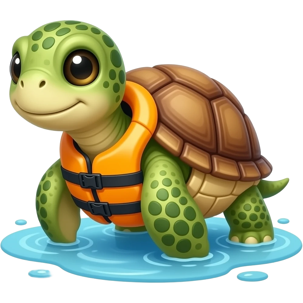 An adorable realistic turtle wearing a life jacket in the water emoji