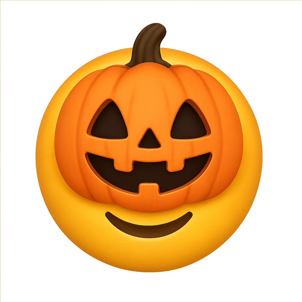 yellow face with orange pumpkin mask, digital illustration, emoji style, no background emoji