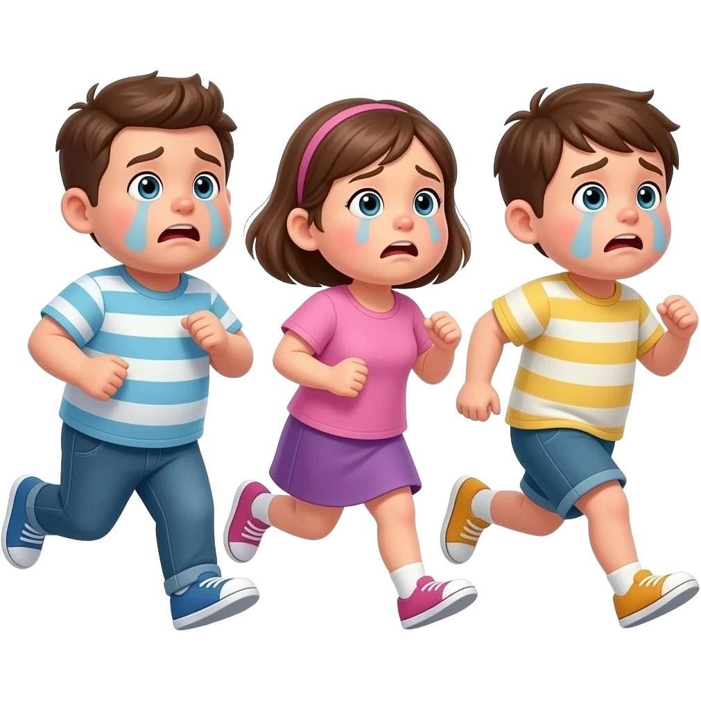5 NIÑOS CORRIENDO Y PIDIENDO PERDÓN. COMO ASUSTADOS. QUE NO ESTAN MUY TRISTES. LOS NIÑOS COMO SI TUVIERAN 150 KG y mirando hacia la derecha emoji