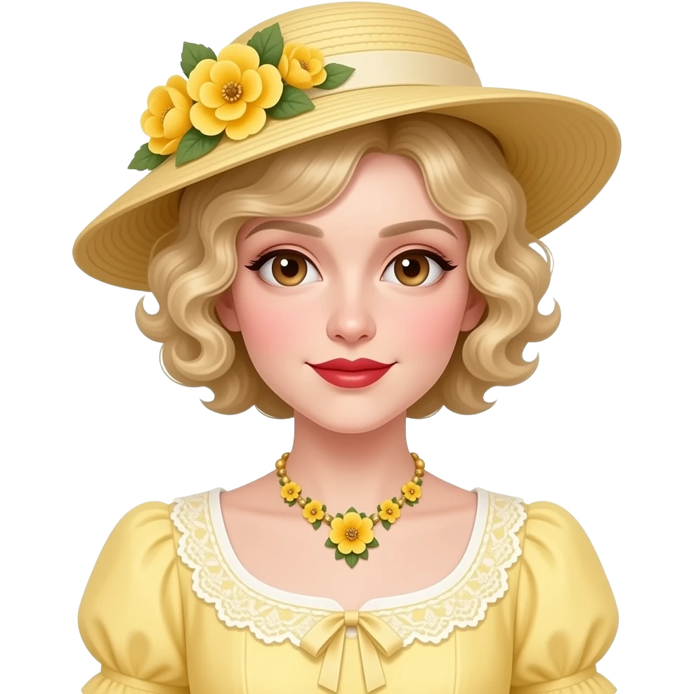 Victorian look with blonde short tight curls bob hair, brown eyes side swept in a light yellow Victorian dress, antique yellow flowers necklace and light yellow Victorian hat with flowers, red lipstick and antique gold frame emoji