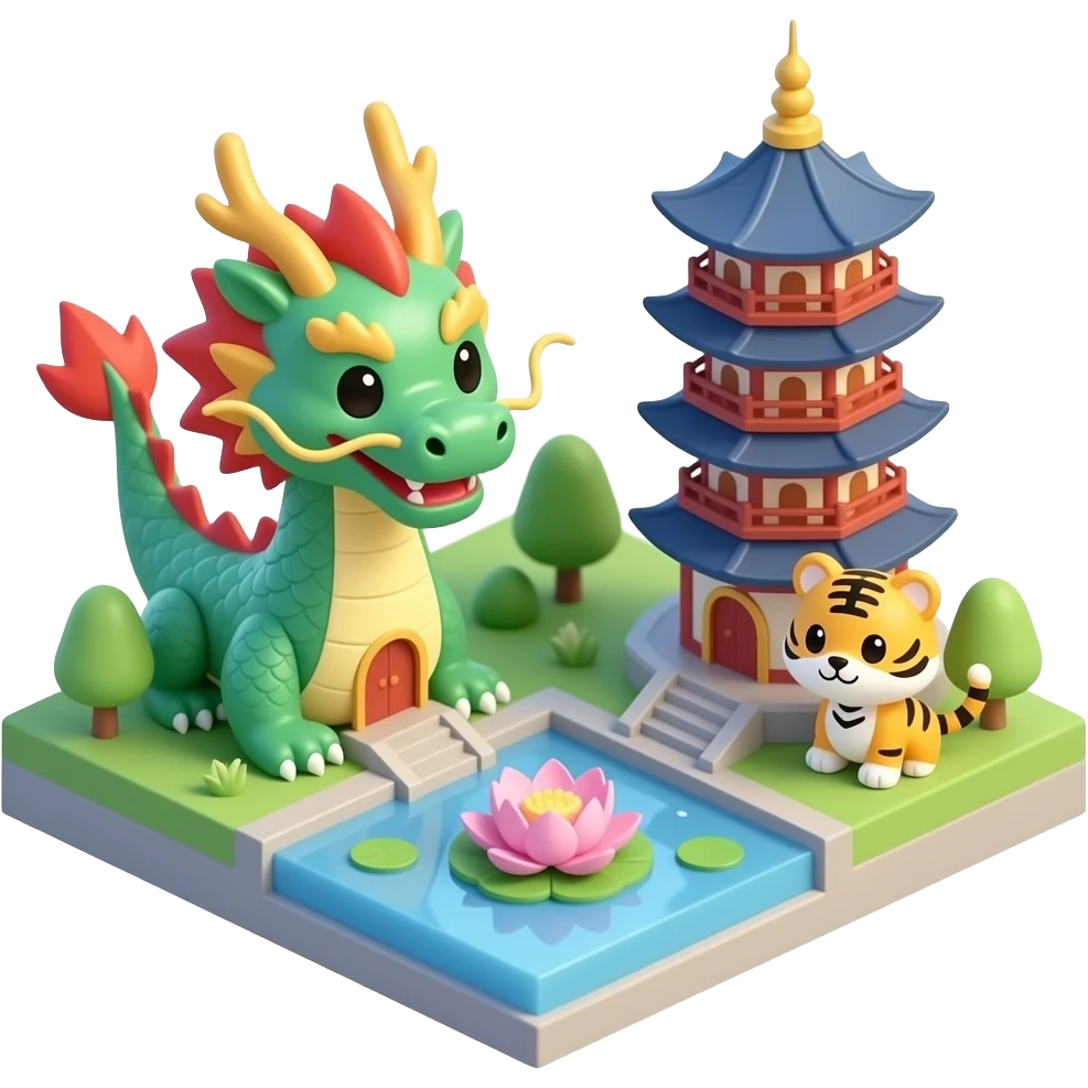 3D isometric miniature emoji of the Dragon and Tiger Pagodas, cute chibi style, glossy vibrant colors, dragon and tiger entrances, small lotus pond, soft lighting, clean minimal background, toy diorama look emoji