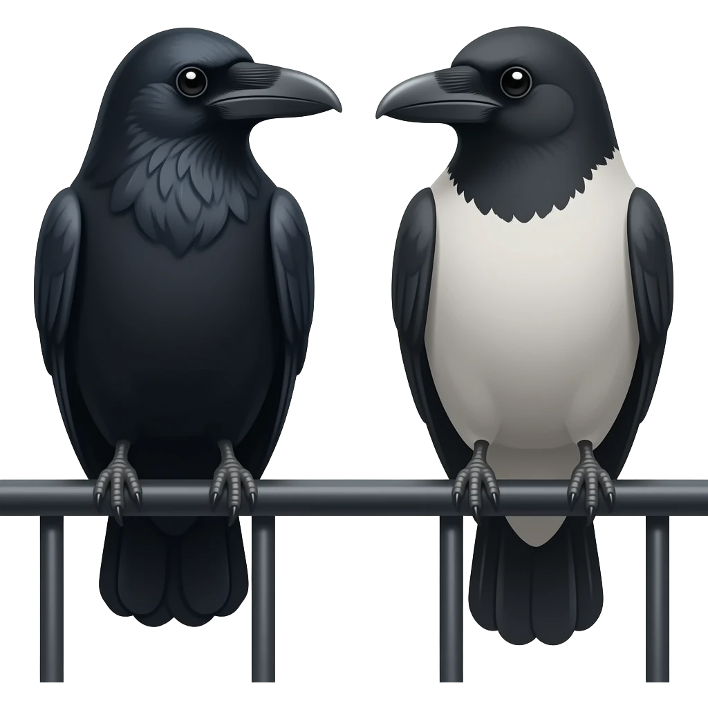 a hooded crow sitting on a black railing and a lesser hooded crow sitting on a black railing emoji