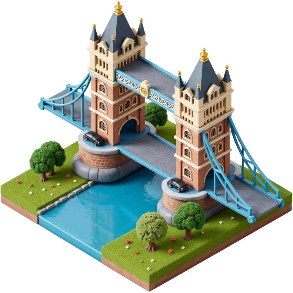 Isometric illustration of London, featuring photorealistic Tower Bridge over a section of river, highly detailed in semi-realistic style with sharp outlines, subtle brick and metal textures, soft shadows, balanced between stylized and realistic, 3D miniature effect, transparent background. emoji