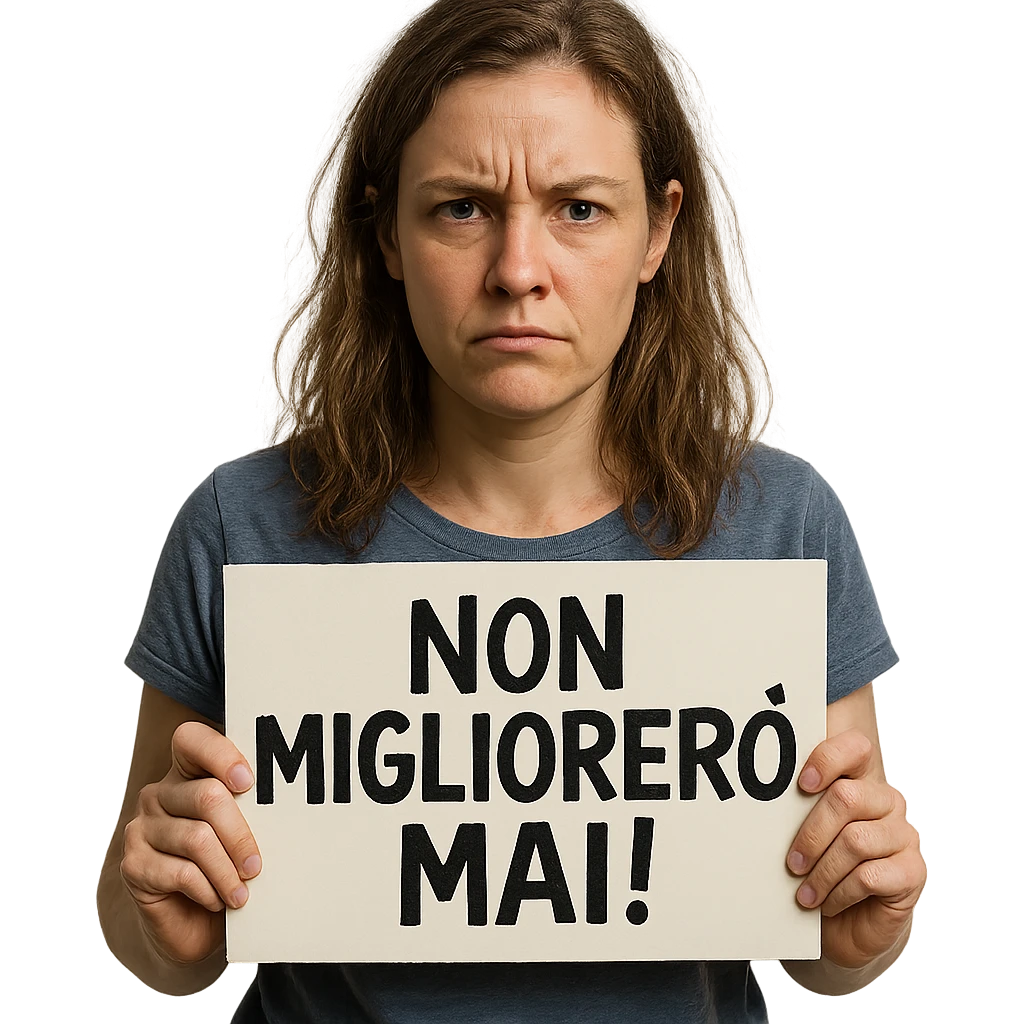 DONNA CHE TIENE UN CARTELLO IN MANO CON LA SCRITTA "NON MIGLIORERò MAI!", iperrealistico 4k emoji