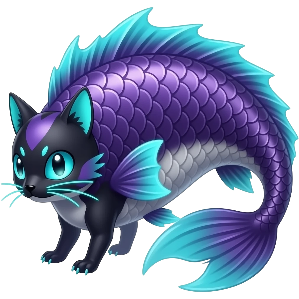 Long-bodied tall scaly slim smooth shiny glossy elegant mature bioluminescent oil-dark, purplish, neon-cyan-accented, fishy finned, abyss-fantasy-Lykoi-Bambino-Vaporeon-Umbreon-Civet-Fakémon-fusion, with thin neon-glowing bulb-whiskers, koi-piebald-flecked full body emoji