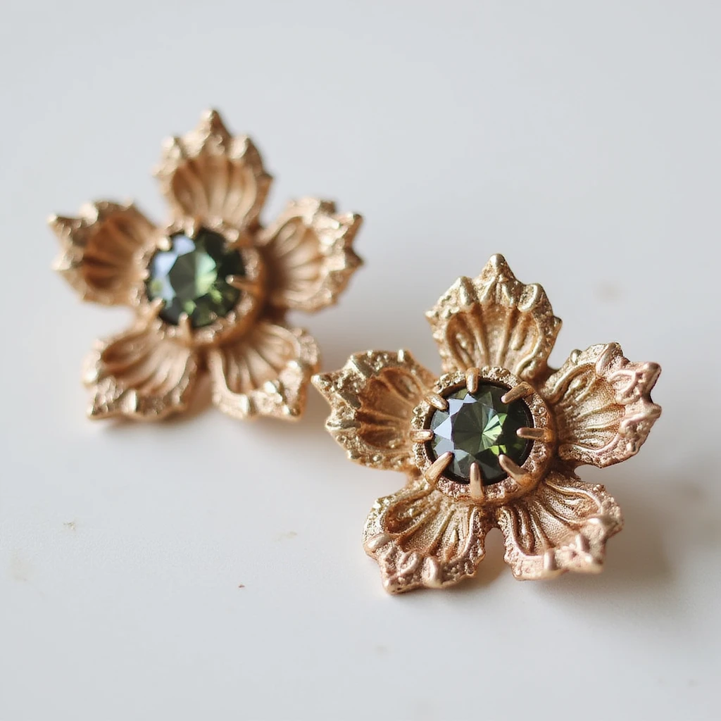 realistic flower-shaped earring with a gemstone center, isolated on a transparent background, no visible background emoji