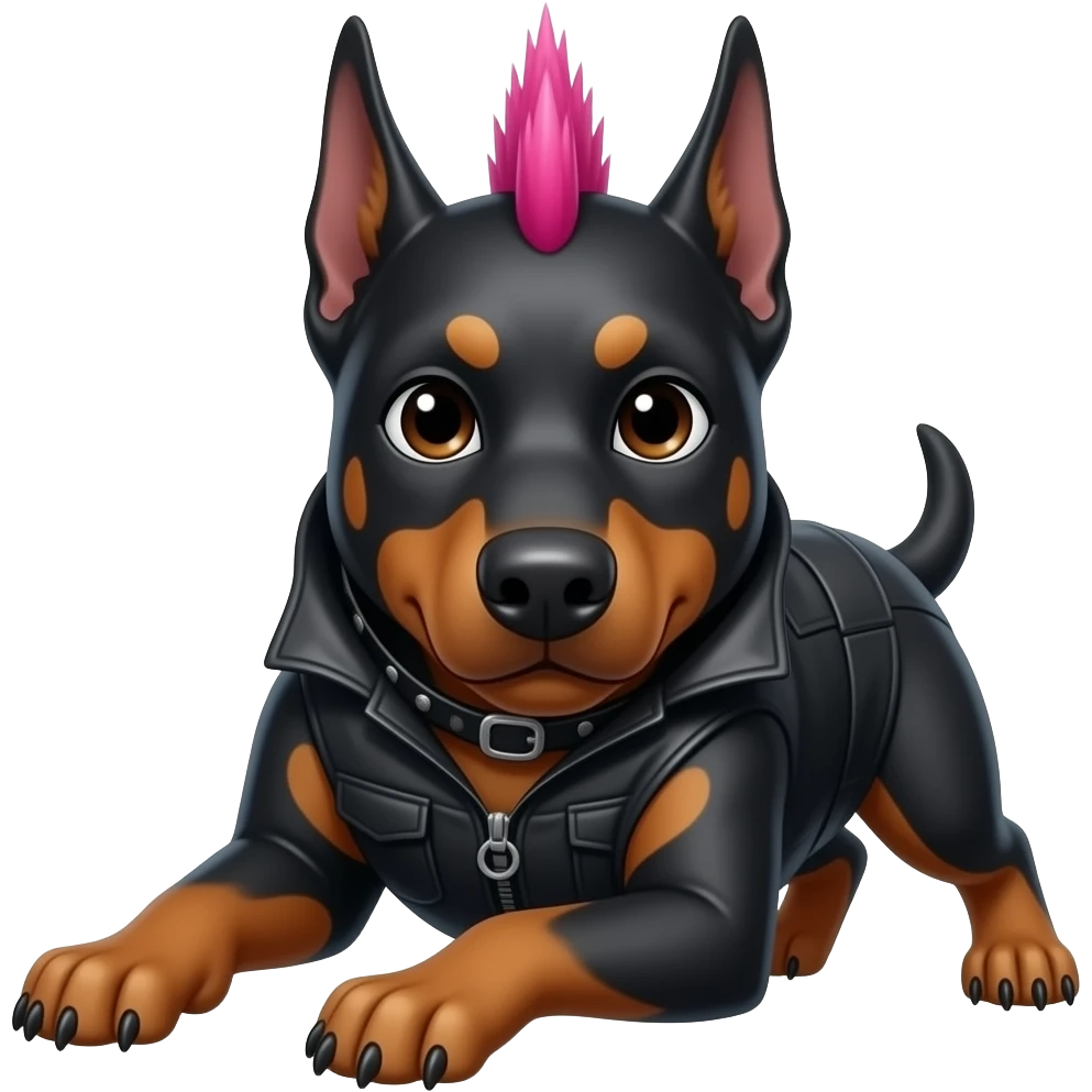 Pink wide mowhawk Haired heavy metal doberman front facing with full black outfit closeup emoji