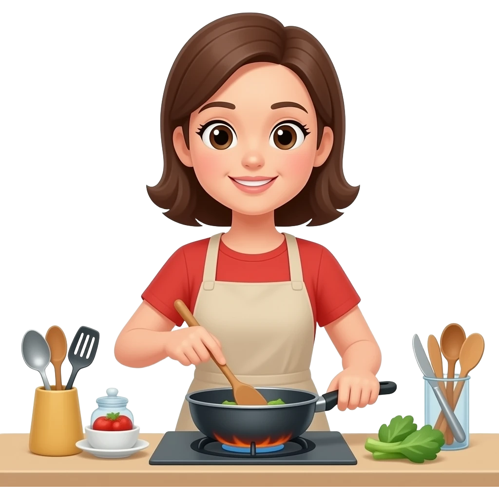 The same woman woman cooking in kitchen, simple utensils, flat style, soft colors emoji