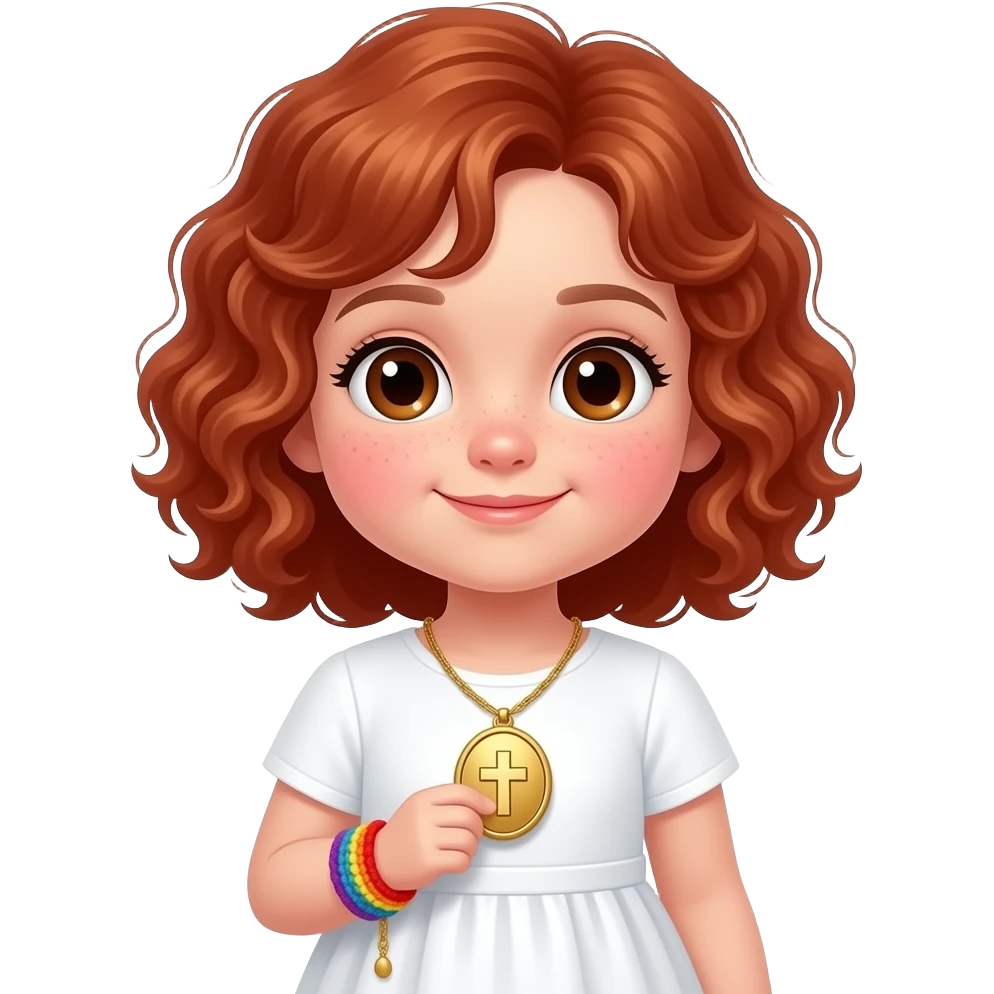 little girl with pale skin, pink cheeks, curly, red-sih hair, big brown eyes, dimples, white dress, golden locket with a cross on it, and a rainbow crocheted bracelet on her wrist. emoji