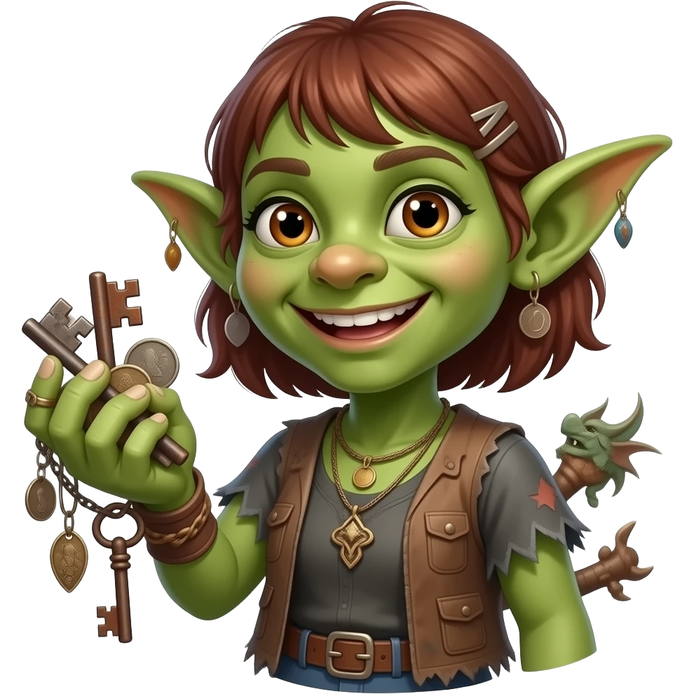 Cheerful fantasy Green skin Goblin girl with junk trinkets poor emoji