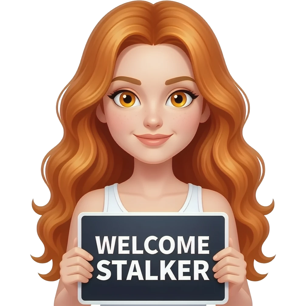 sexy girl with long wavy ginger hair and ginger eyes wearing a white tanktop is holding a black colored sign with WELCOME STALKER written on it emoji