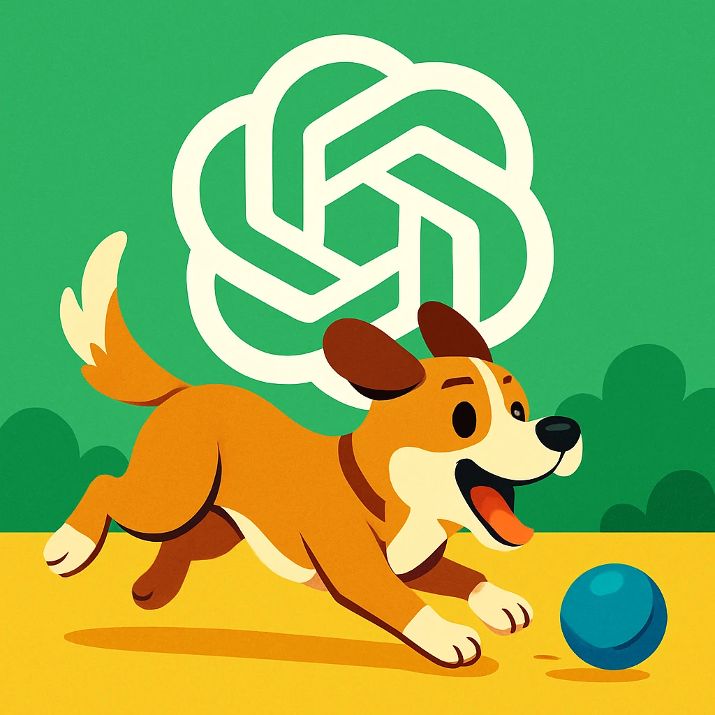 chat gpt image logo on the background of a dog chasing ball emoji