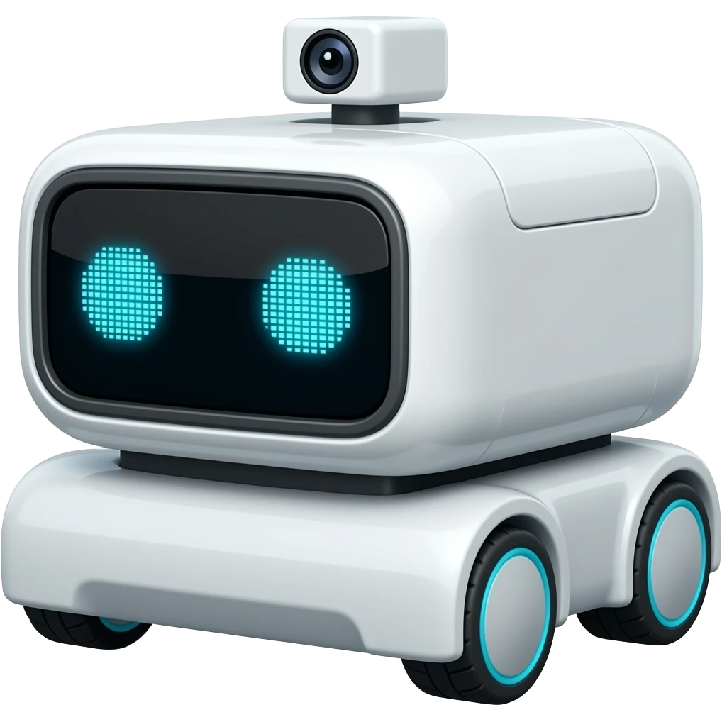 A square delivery robot with a display showing blue eyes and a camera at the rear emoji