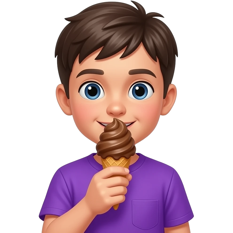 a boy in vibrant purple color shirt holding a ice cream with brown color scope close to mouth emoji