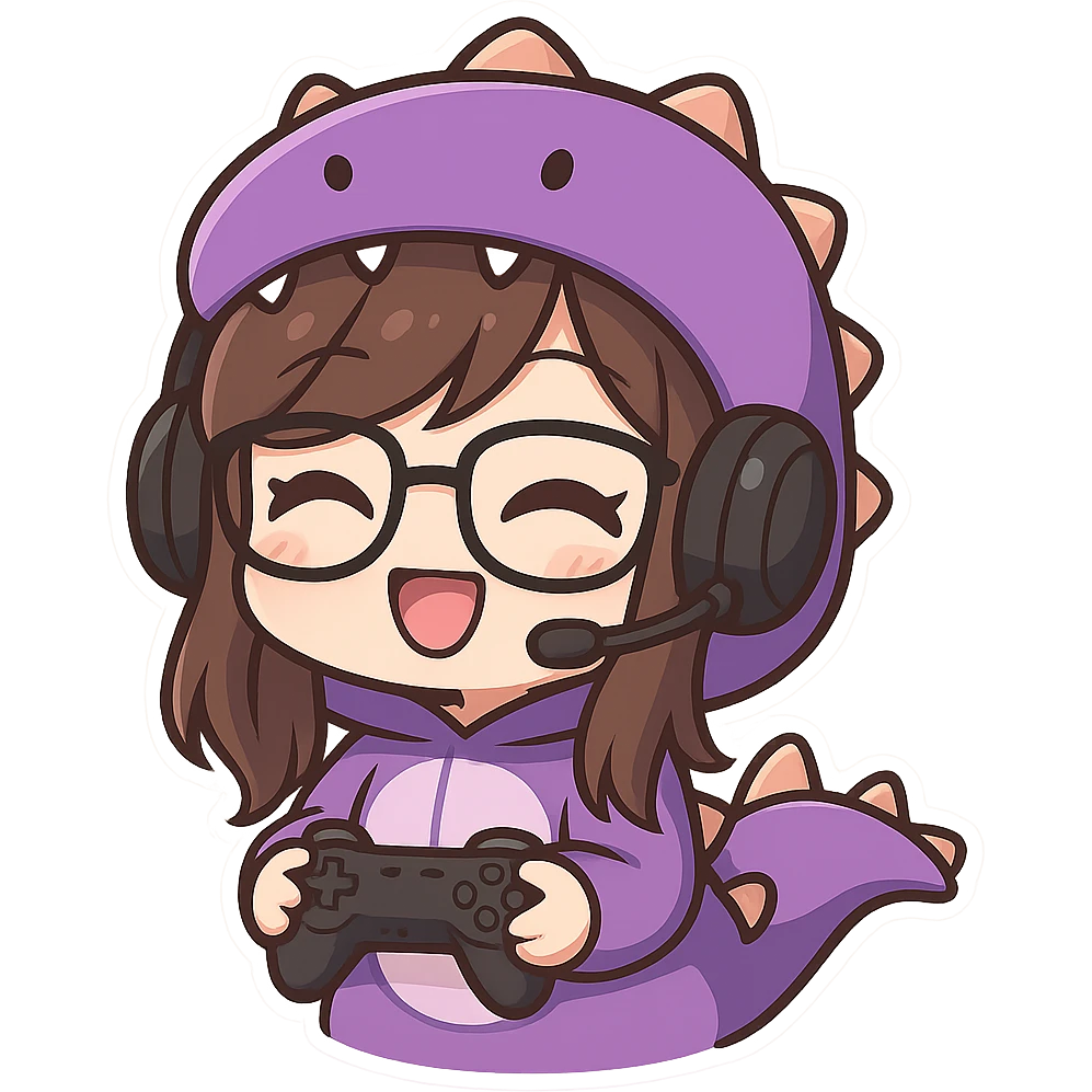 chibi anime style gamer girl with glasses, brown hair, dark purple eyes, wearing a purple dinosaur costume, happy emote, no controller emoji