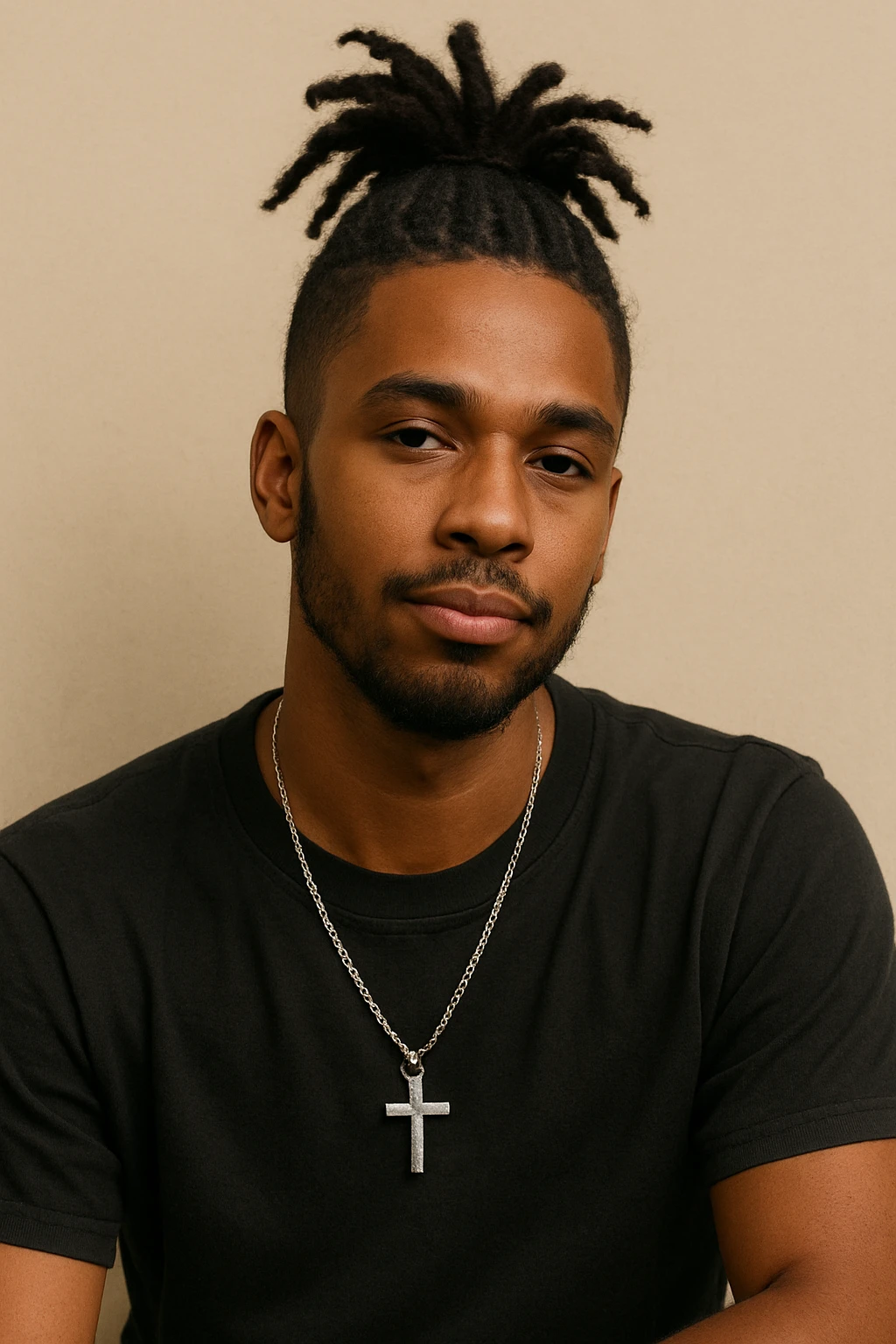 portrait of a brown-skinned person with a cross chain and dreadlocks tied up in a ponytail on top, relaxed pose, minimal background emoji