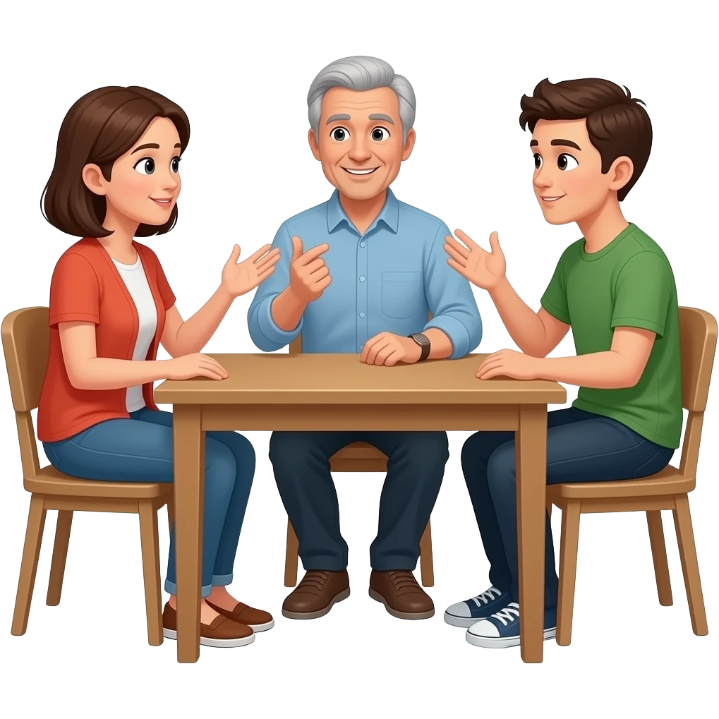 Dialogue between two adults and a teenager sitting at the table at home looking at each other in a conversational mood, hands moving, faces speaking emoji