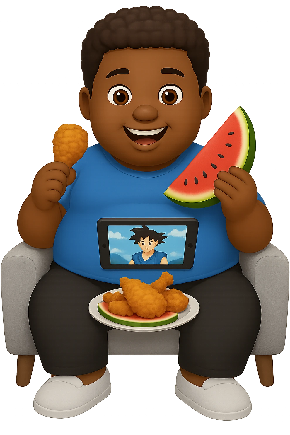 A big fat black boy eating chicken and watermelon all day and watching anime, whole body, style: Emoji emoji