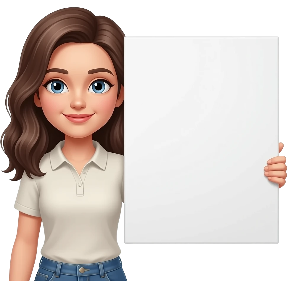 Гарна дівчина брюнетка тримає в правій руці велику білосніжну пусту табличку emoji