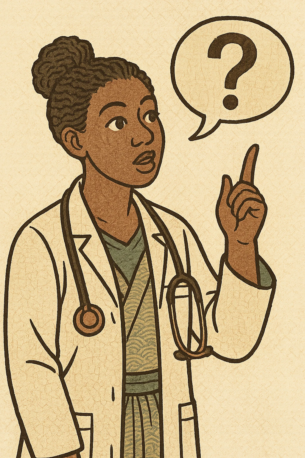 A modern day female black doctor asking a question emoji