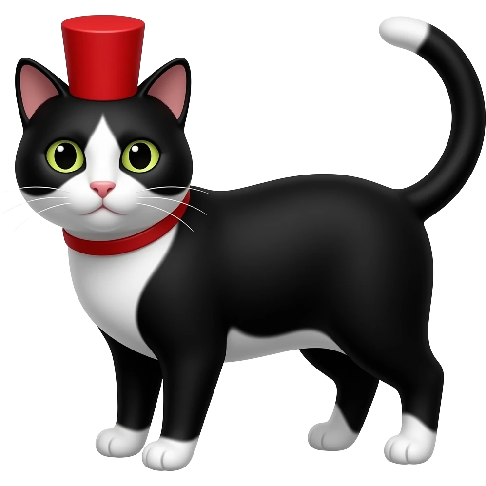 black and white cat wearing a red cylinder emoji