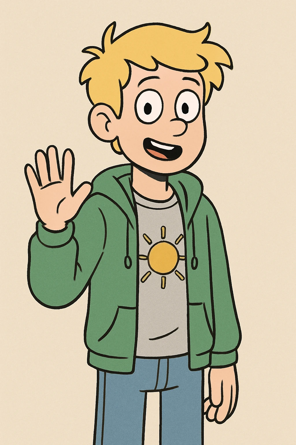 A boy yellow hair grey t-shirt yellow sun green hoodie lights blue jeans a hand hello  emoji