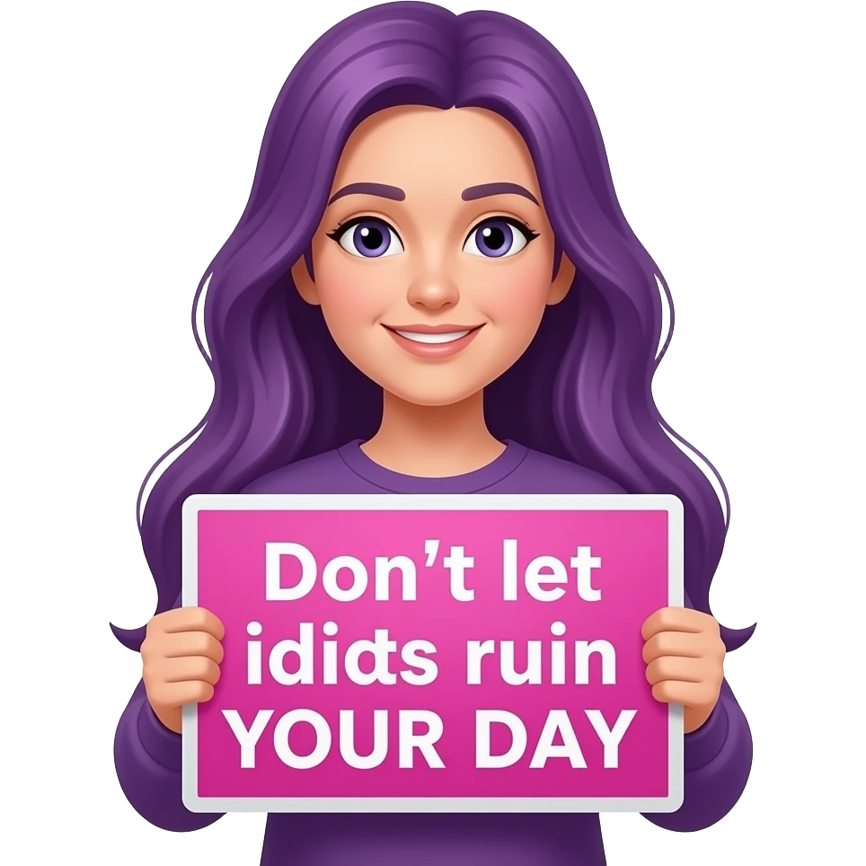girl with long purple hair holding a Don't let idiots ruin YOUR DAY sign emoji