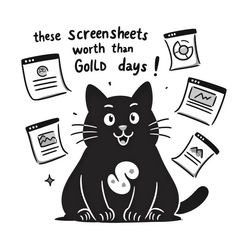 a happy cat with sparkly eyes, surrounded by screenshots, with the words 'these screenshots are worth more than gold these days' integrated into the design, white background emoji