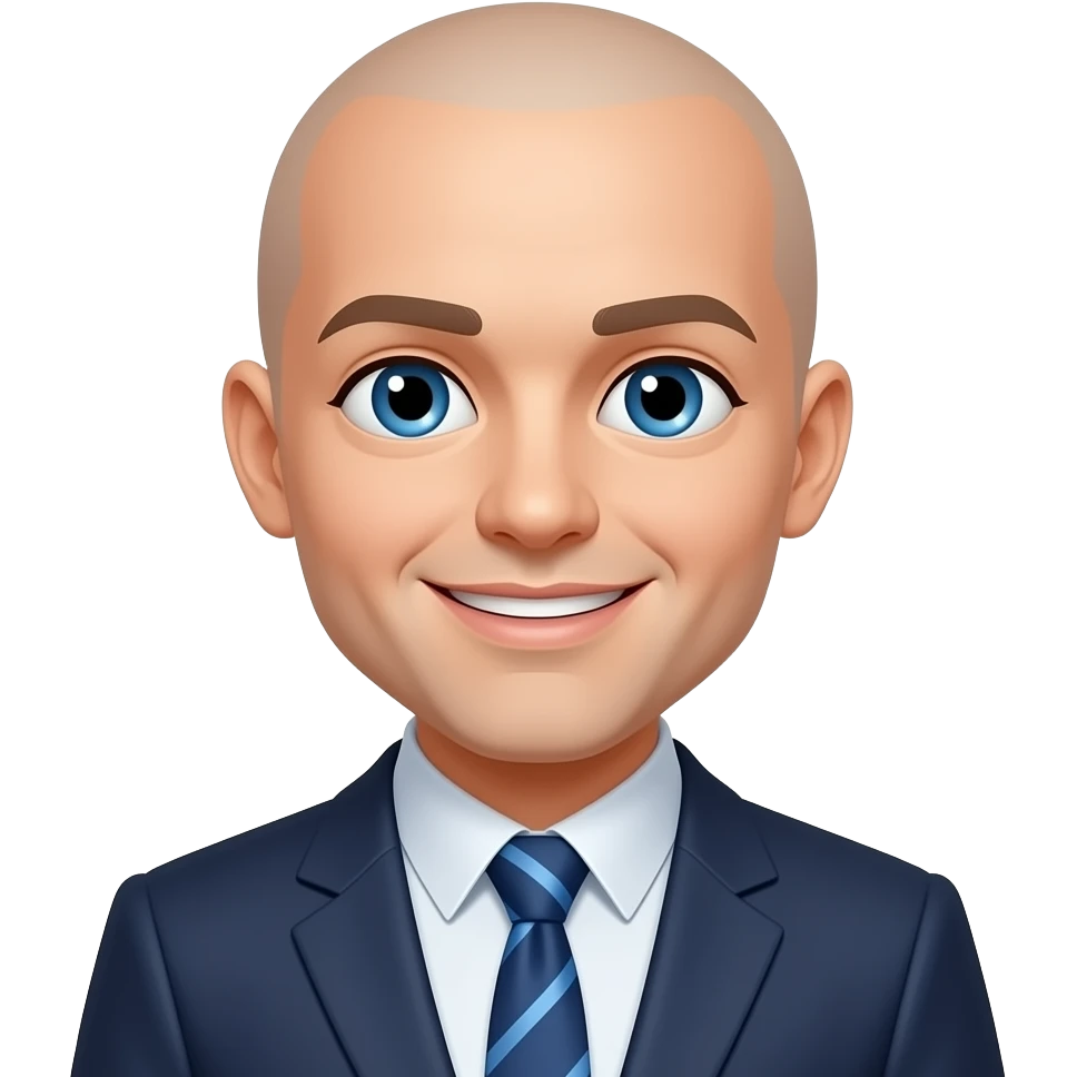 totally bald person with blue eyes and a suit and tie with a cute emoji