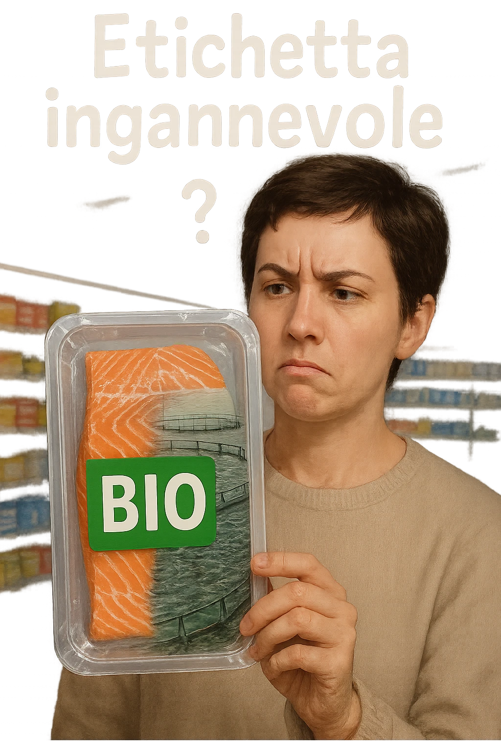 Scena in un supermercato moderno: uomo o donna tiene in mano una confezione di salmone etichettata 'BIO', con un grande bollino verde. Ma in trasparenza, dietro l’etichetta, si intravede un allevamento intensivo di salmoni in gabbie marine, acqua torbida e pesci ammassati. Espressione del cliente confusa e sospettosa. Sopra la testa, testo simbolico fluttuante: 'Etichetta ingannevole'. Colori contrastanti: confezione brillante ma realtà di fondo grigia e artificiale. Stile realistico con elementi simbolici forti realistico emoji