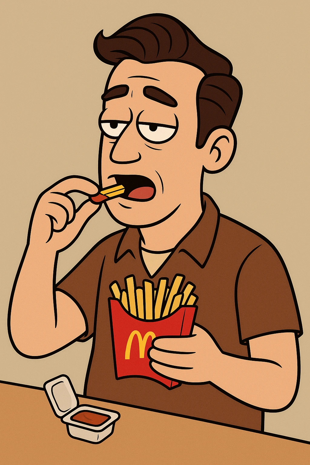 Side oil head brown shirt beige shirts  eating mcdonalds fries some sauce emoji
