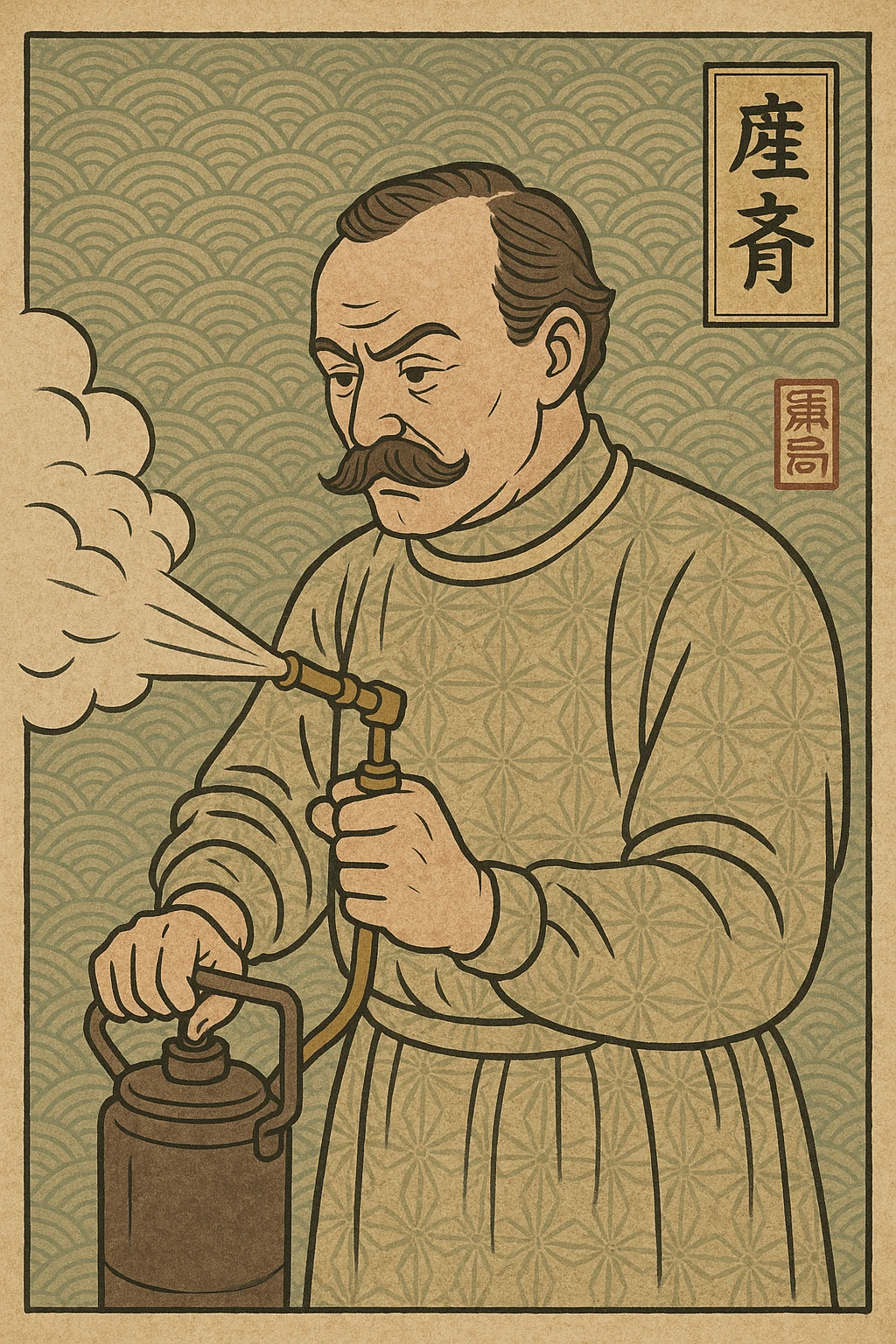 A victorian surgeon using a carbolic spray and wearing a gown emoji