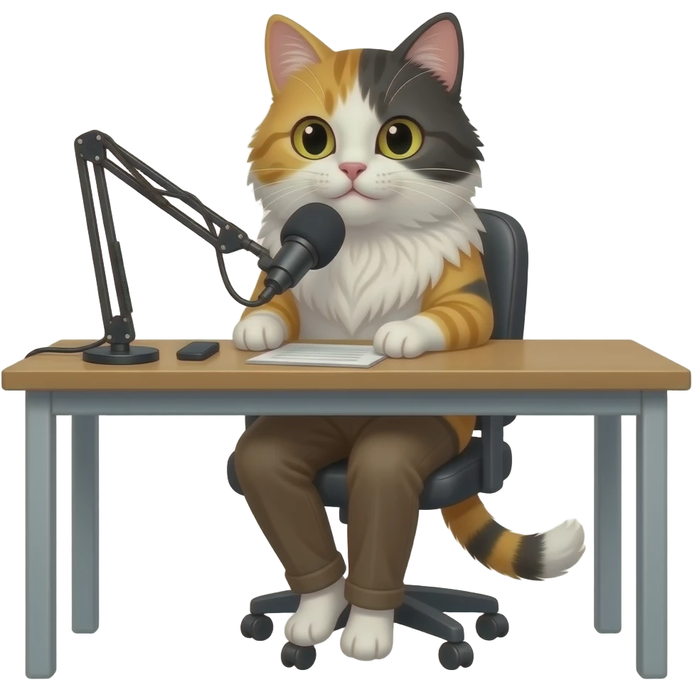 sincere long-haired calico cat podcaster at desk emoji