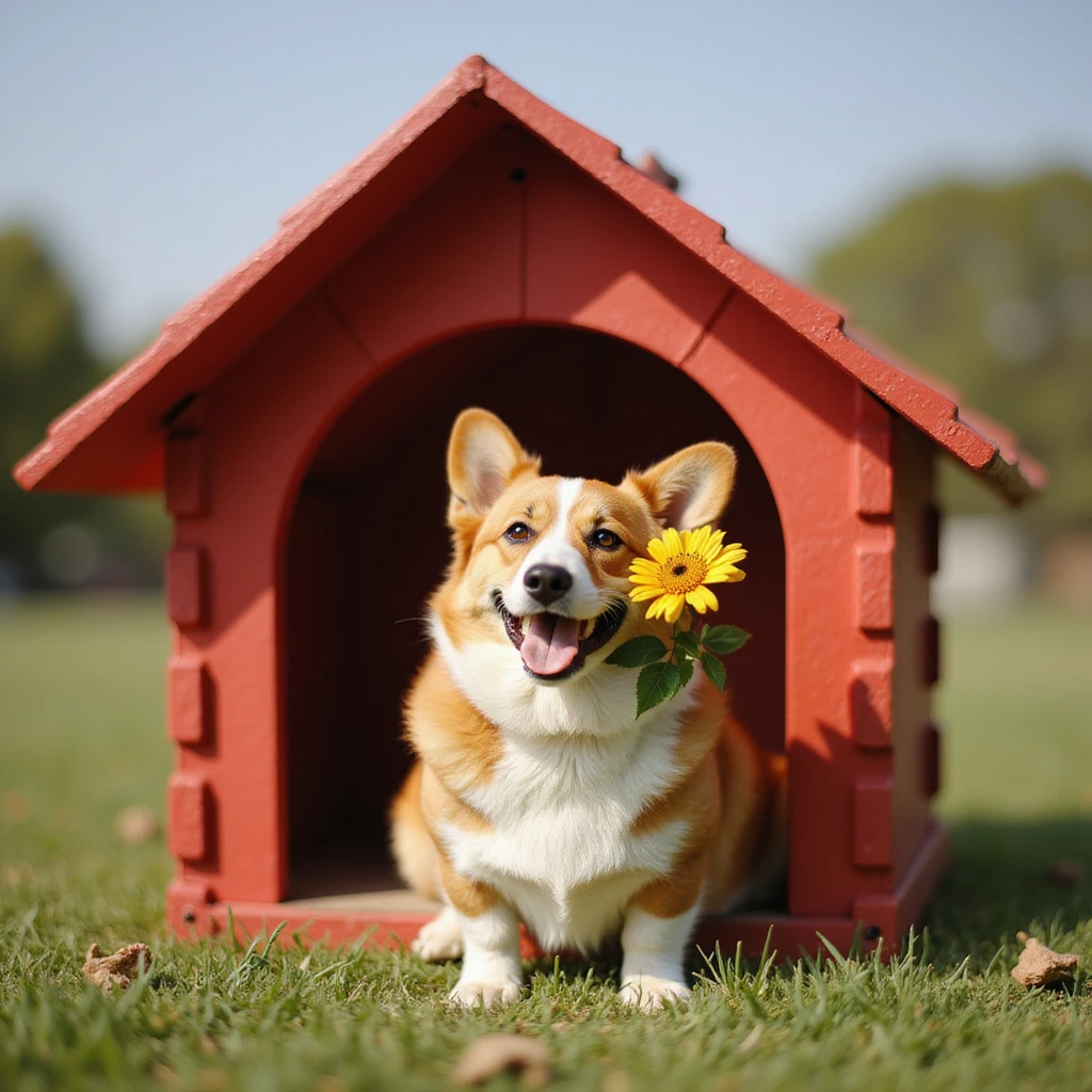 realistic red dog house with a Corgi dog inside, Corgi with a flower, photorealistic style emoji