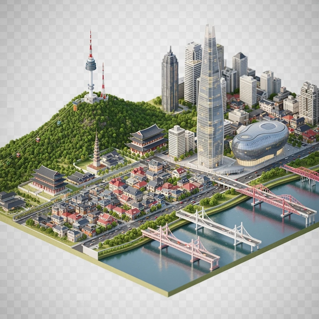 Isometric diorama of Seoul typical houses, Namsan Seoul Tower, Gyeongbokgung Palace, Lotte World Tower, Dongdaemun Design Plaza, and Han River bridges, 3D miniature effect and Tilt Shift effect, no cartoonish look, transparent background. emoji