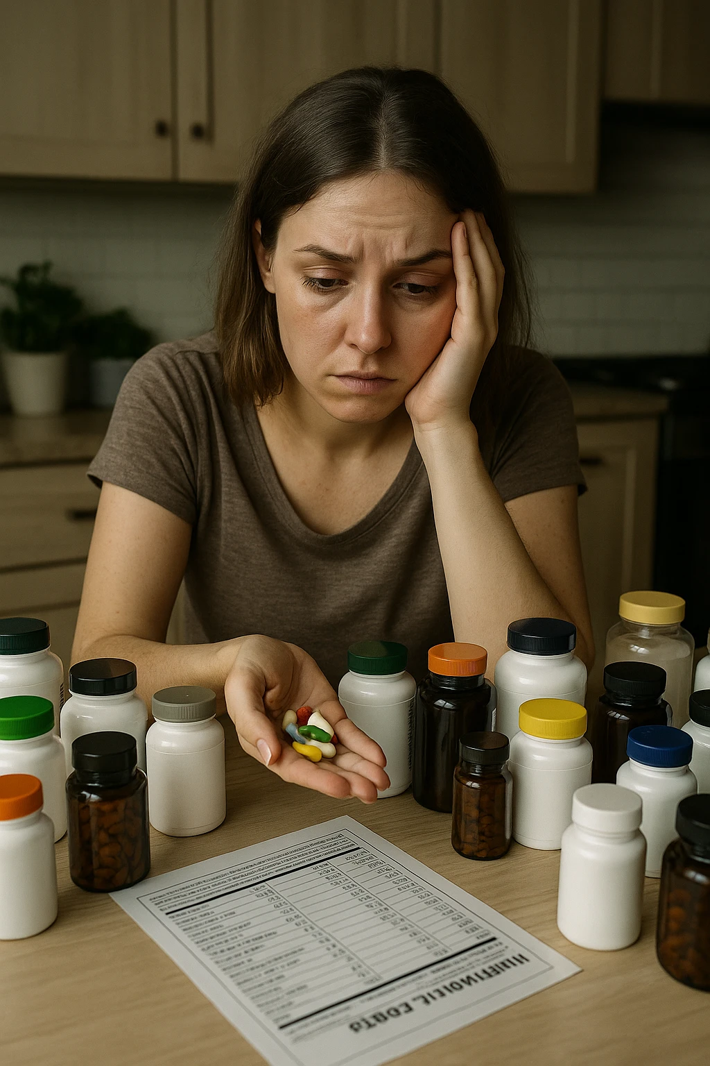 a woman in her 30s sits at her kitchen table, surrounded by dozens of supplement bottles, powders, and pills. She looks anxious and fatigued, with her head resting in one hand while the other holds a handful of colorful capsules. On the table, a nutrition chart is ignored, and her skin appears slightly dull or stressed. The mood is cautionary and educational. in italiano emoji