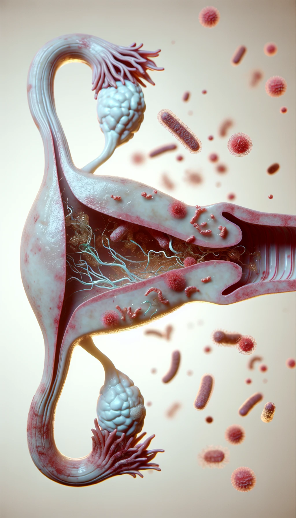 corpo umano anatomico con batteri come la candida nell'utero, sfondo neutro chiaro, iperrealistico 4k emoji