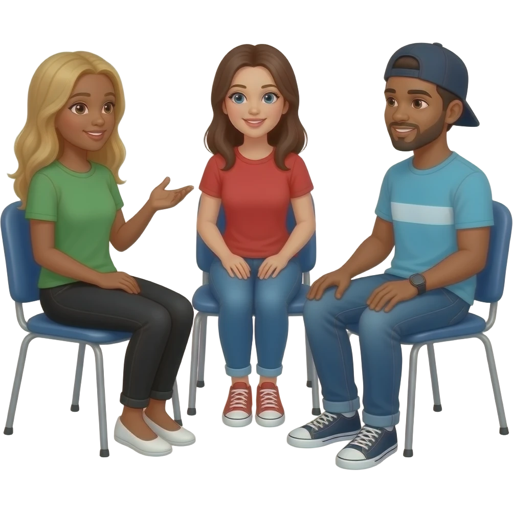 grupo de personas sentado en ronda hablando. una señora joven de tes morena pelo largo rubio con pantalon negro y remera verde,comunicandose con una mama joven de pelo largo castaño  remera roja, un papa morocho y un adolescente con gorra. emoji