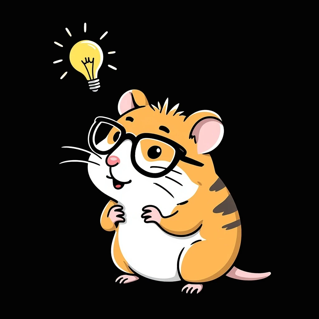 unique, colorful, hand-drawn, modern, realistic hamster with cool glasses, thinking about an idea with a lightbulb above its head, solid black background, illustrated in Procreate on an iPad, not kiddish emoji