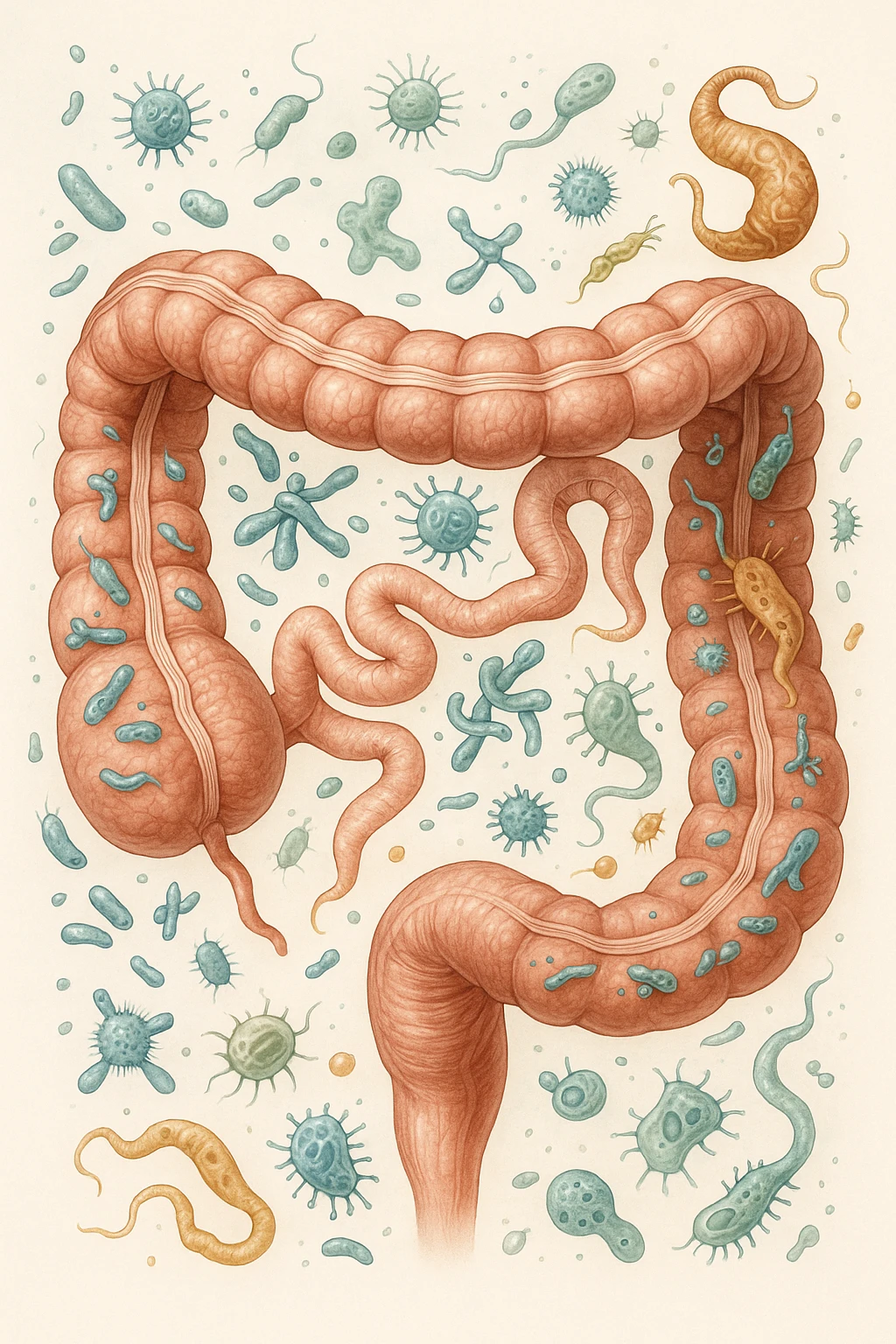 INTESTINO UMANO ANATOMICO CON BATTERI E PARASSITI INTORNO, SFONDO CHIARO NEUTRO emoji