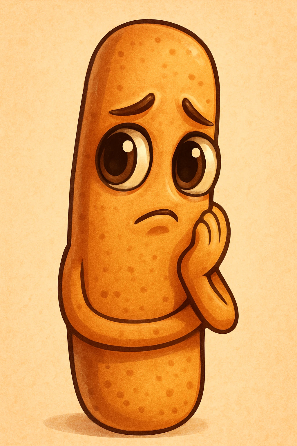 Create a cartoon style emoji of a breadstick shaped character with a thoughtful expression inspired by the face in the reference photo. The breadstick has large, deep eyes, a closed mouth, and a reflective gaze. Use warm colors and a friendly, charming atmosphere. emoji