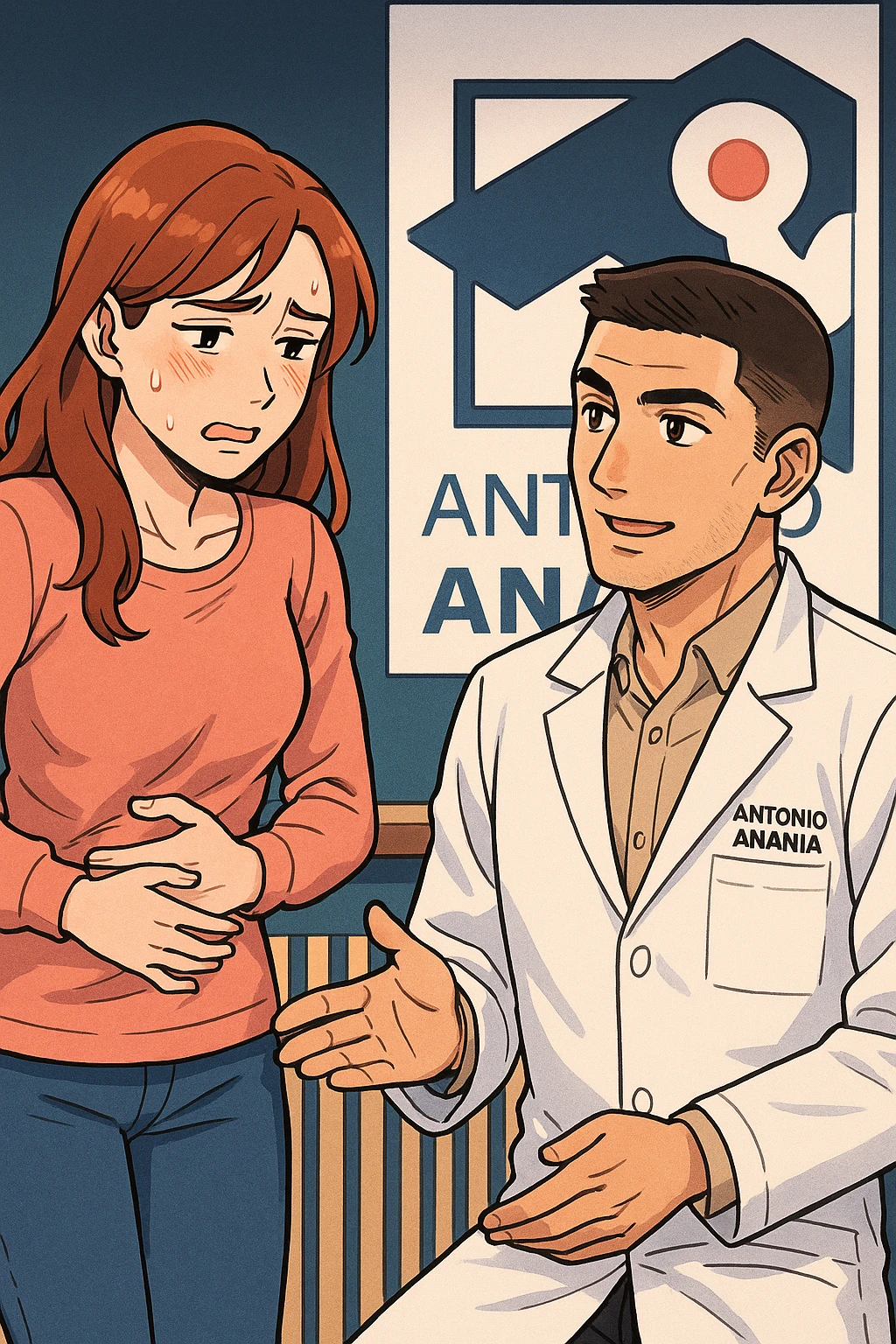 su questo stile fai un manga/webtoon a colori in cui una donna si lamenta che sta male e ha mal di pancia, l'uomo della foto in stile manga gli risponde, mantieni un ambiente simile alla foto che ho allegato con il suo logo (sarebbe il suo studio, lui è un kinesiologo), scrivigli "ANTONIO ANANIA" sul camice bianco, non mettere fumetti, ma fai in modo che sembri che la donna chiede una cosa e l'uomo risponde alla sua domanda emoji